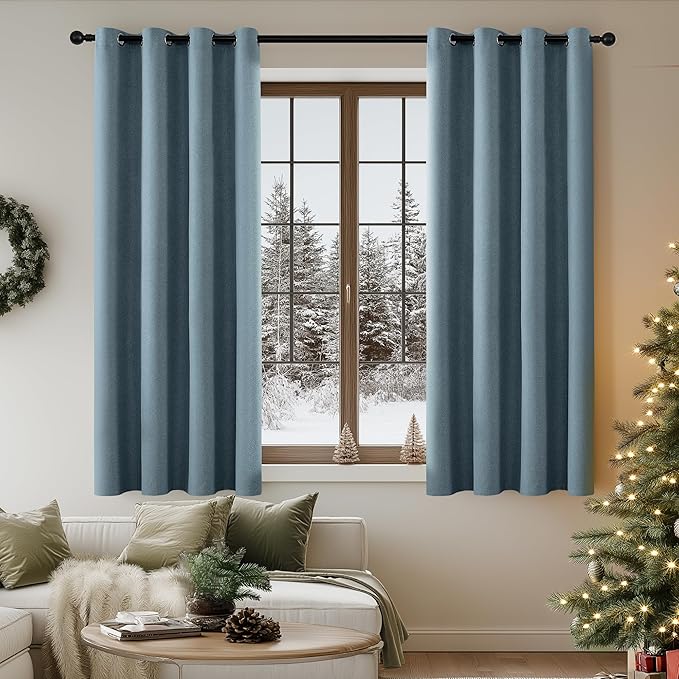 ChrisDowa 100% Blackout Blue Solid Curtains 63 Inches Long 2 Panels for Bedroom Living Room,Farmhouse Room Darkening Thermal Insulated Soundproof Grommet Top Window Treatment Drapes,52x63
