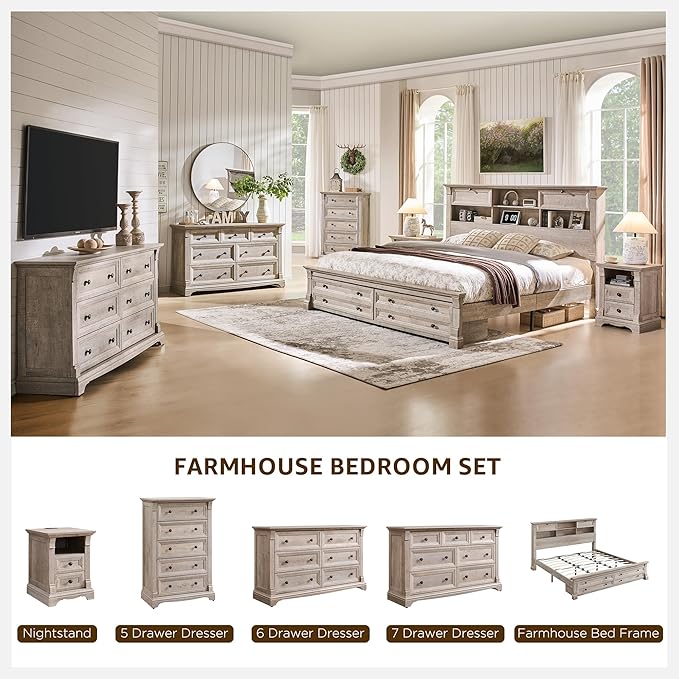 T4TREAM Farmhouse Queen Size Bed Frame with 54" Tall Storage Bookcase Headboard, Wood Platform Bed Frame with 18" Roman Column Decoration Footboard & 2 Drawers, No Box Spring Needed(Light Rustic Oak)