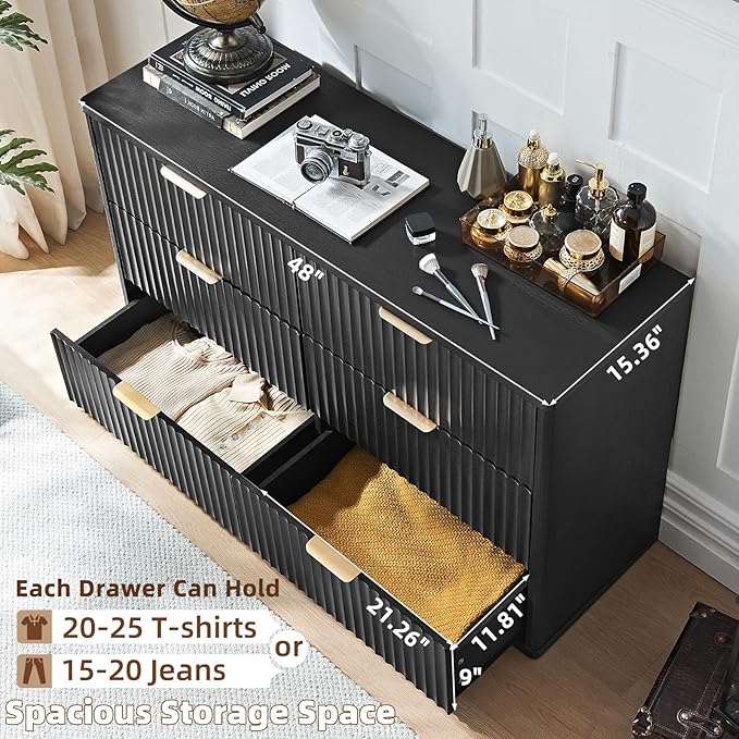 LEYAOYAO Fluted Dresser and Nightstand Sets, Wood 48" Wide Dresser & 23" Night Stand with Charging Station, 2 Piece Bedroom Furniture Set, Chest of Drawers for Bedroom, Home, Living Room, Black