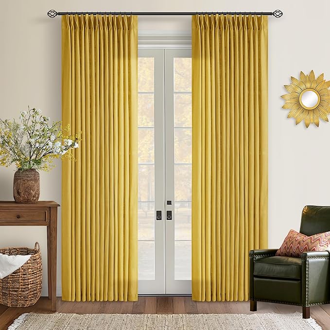 Pinch Pleated Mustard Yellow Linen Curtains 84 Inches Long 2 Panels Set for Living Room Dining Pinch Pleat Back Tab Light Filtering Farmhouse Boho Retro Window Curtain Drapes Gold Yellow Spring Decor
