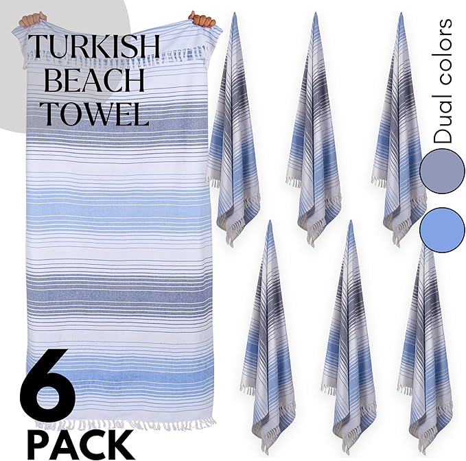 Native Fab Turkish Stripe Beach Towels Set of 6-40x71 Inches 100% Cotton Quick Dry Lightweight - Extra Large Thin Sand Free Peshtemal Towel for Adults Travel Bath Spa Pool Gym Camp, Navy Blue