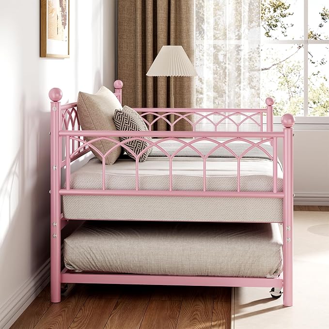 GarveeHome Twin Size Daybed, Sofa Bed Frame with Metal Steel Slat Support, Heavy Duty Metal Bed Frame, Space Saving, Easy Assembly, for Small Spaces, Living Room, Bedroom, Apartment, Pink