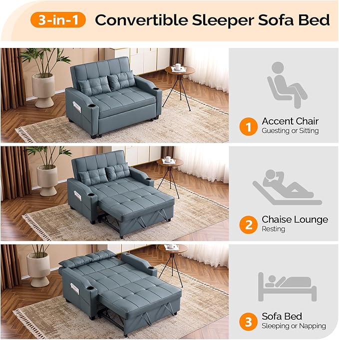 VINGLI Convertible Loveseat Sleeper, Blue Grey Faux Leather Futon Sofa Bed Pullout Couch Bed with USB Ports, Cup Holders, Armrest for Living Room, Bedroom, Home Office Apartment