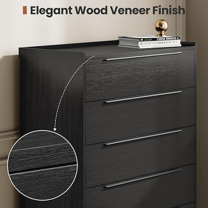 48" Tall Black Dresser for Bedroom, Modern 5 Drawer Chest of Drawers with Wood Grain Finish, Slim Vertical Storage Cabinet with Raised Edge Top, Anti-Tip Kit