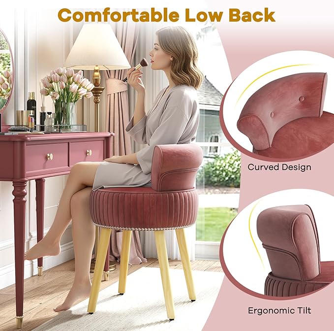 CHARMAID Velvet Vanity Chair for Bedroom, Elegant Accent Chair with Tufted Low Back, Solid Wood Legs, Upholstered Seat, Modern Makeup Stool for Dressing Room, Home Office (Burgundy & Natural)