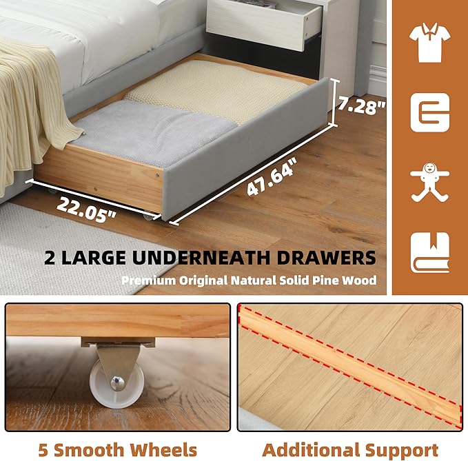 King Bed Frame with Storage & Built-in Nightstands, Velvet Upholstered Platform Bed Frame with Drawers & 2 Floating Storage Shelves, Noise-Free, No Box Spring Needed, Easy Assembly, Gray