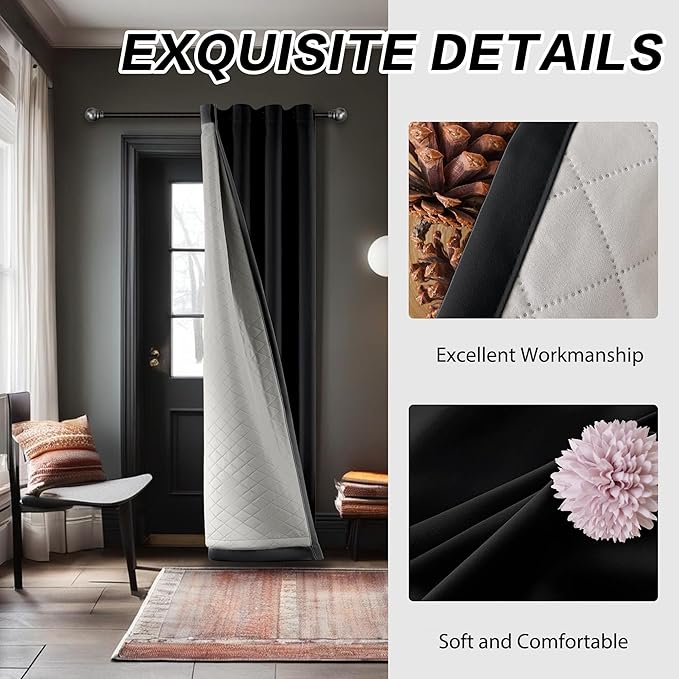 Soundproof 3 Layers Heavy Curtains Full Blackout Thermal Insulating Curtains for Bedroom Living Room (Black, 1 Panel 50x96 Inch)