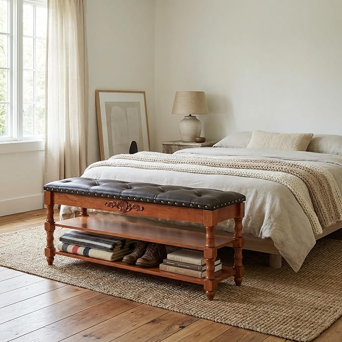 39-inch End of Bed Bench, Faux Leather Tufted Storage Bench with Lift Top Seat and 2 Tier Storage Shelves, Bedroom Bench Footrest Stool with Hidden Storage and Wood Leg, Vintage Style