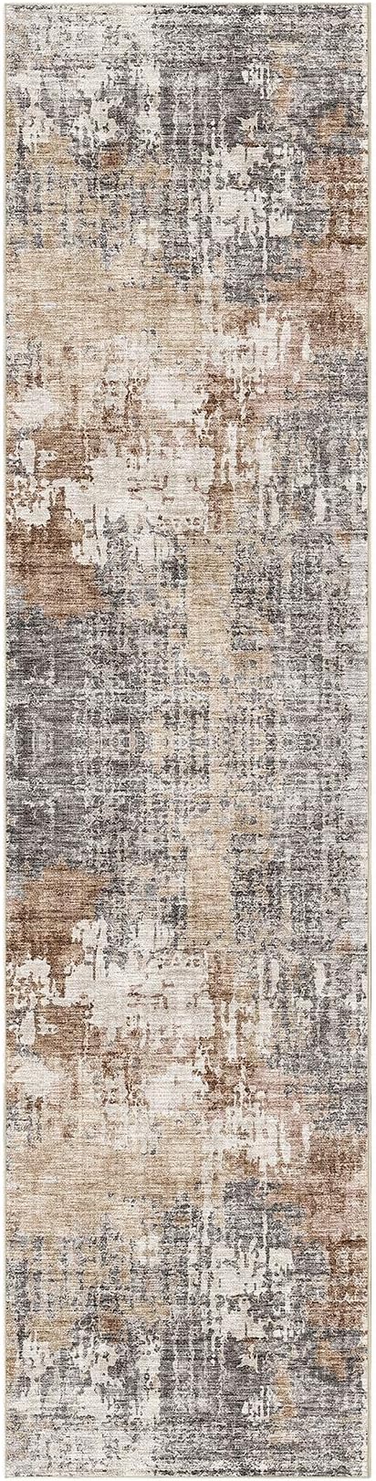 Washable Runner Rug for Hallway: 2.6x12 Neutral Modern Abstract Low Pile Area Rug with Non-Slip Backing - Carpet for Bedroom Kitchen Laundry Entryway Bathroom Indoor - Grey Brown