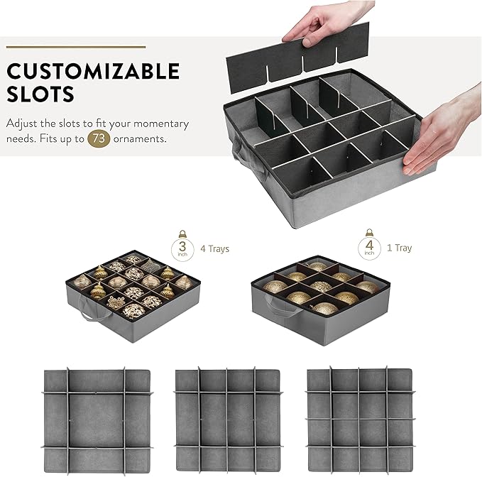 ZOBER All in One Christmas Ornament Storage Box & Decoration Container - Easy Access Removable Trays, Keeps 73 Ornaments - Adjustable Extent Area for Figurines and Pockets for Decoration - Gray