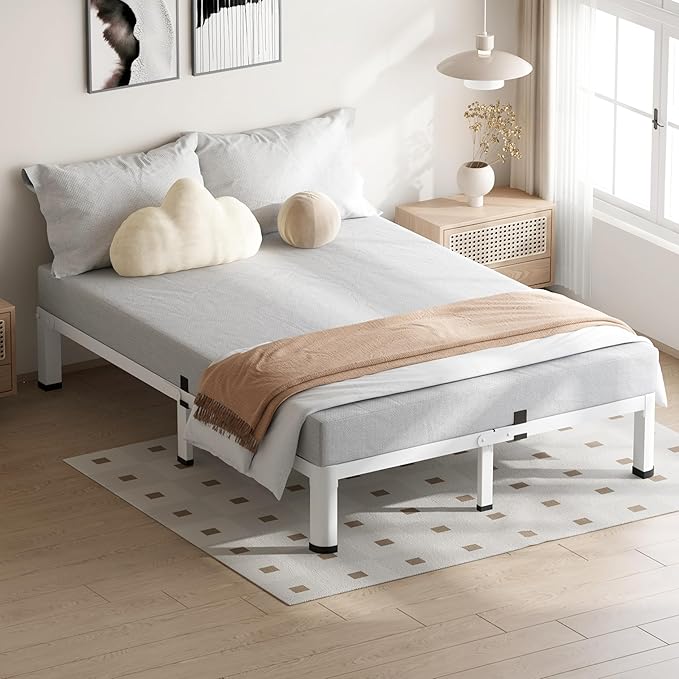 7 Inch White King Size Bed Frame, 3500Lbs Heavy Duty Metal Platform with Round Corner Legs Mattress Slide Stopper, Steel Slat Support No Box Spring Needed, Noise Free, Non-Slip, Easy Assembly