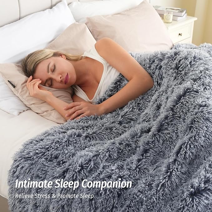 Wemore Shaggy Long Fur Faux Fur Weighted Blanket, Cozy and Plush Sherpa Long Hair Blanket for Adult 15lbs, Fluffy Fuzzy Sherpa Reverse Heavy Blanket for Bed, Couch, Backprint Navy Blue, 60 x 80 Inches