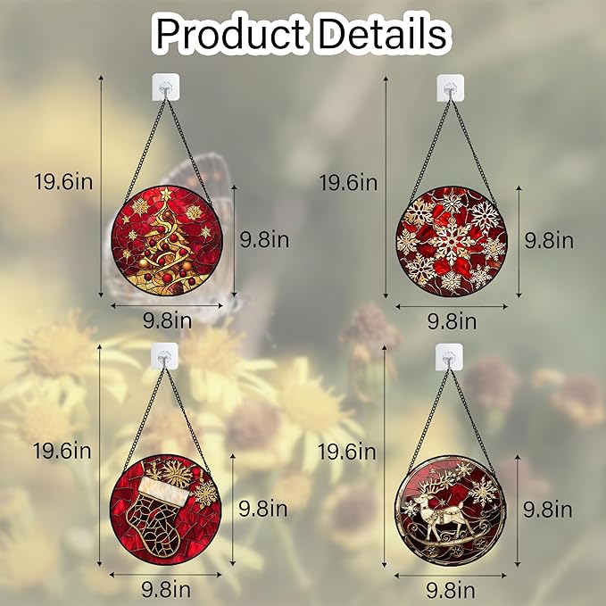 Stained Glass Window Hanging 4 Pcs Set Red Christmas Elk Snowflakes 9.8" - Deer Suncatcher Door Garden Sun Catcher Decor Birthday for Mom Woman Nana Men Friend