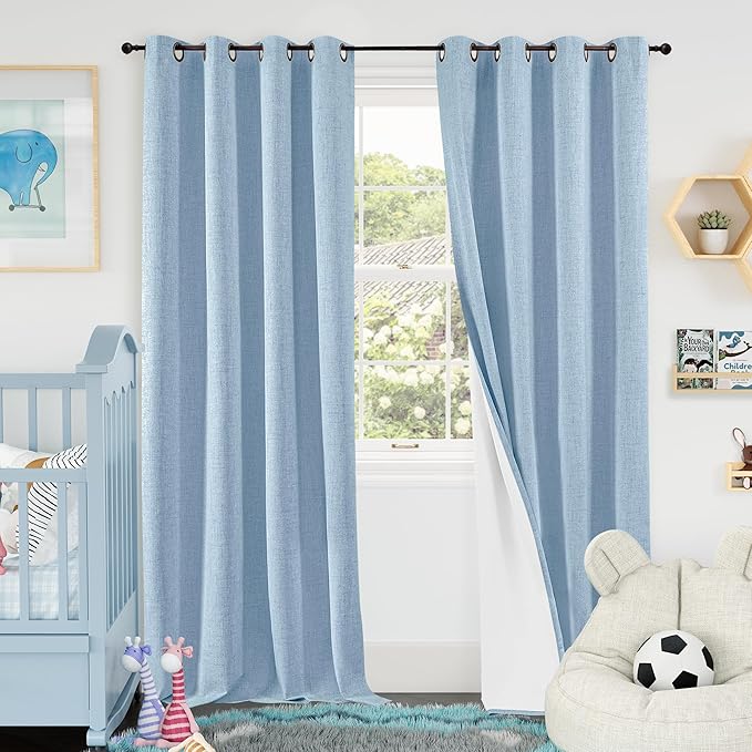 Baby Blue Linen Blackout Curtains for Nursery 84 Inch Length 2 Panels Set, Thermal Insulated Boho Total Black Out Noise Reducing Bonzer Grommets Window Curtains for Kids Bedroom, Each 60 Inch Wide