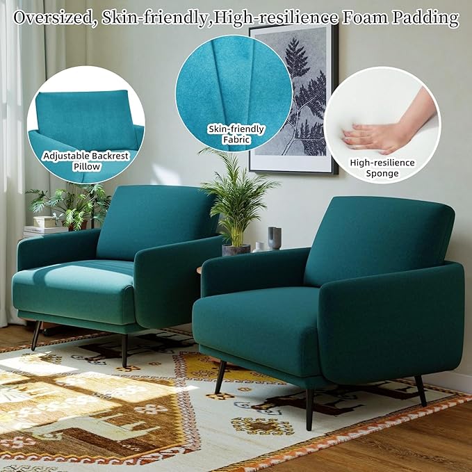 Oversized Accent Chair for Living Room Cozy Reading Chairs Mid-Century Modern Accent Chairs Armchair with Metal Legs Single Sofa Chair for Home Office (Set-of-2, Velvet Fabric- Lake Blue)