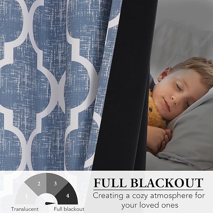 Beauoop 100% Blackout Curtains 84 Inches Long 2 Panels for Bedroom Living Room Blue Moroccan Geo Room Darkening Thermal Insulated Soundproof Grommet Top Window Treatments Drapes, 50x84 Set of 2
