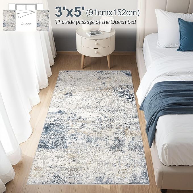 Washable Area Rug: 3x5 ft Abstract Small Rugs for Entryway Kitchen Living Room Bedroom - Non Slip Modern Neutral Carpet Indoor Front Door - Beige Blue