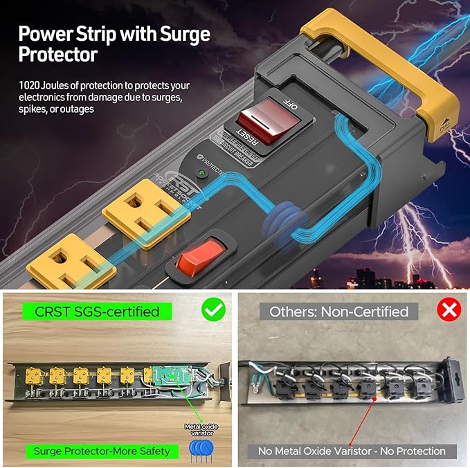 CRST 6 Outlets Wide Spaced Power Strip, Metal Wall Mount Surge Protector Power Strip with Individual Switches and Cord Manager for Garage, Shop, Office, Home. 1020Joules, 15Amp/1875W, 6 FT Cord