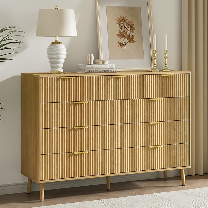 LYNSOM Fluted 9 Drawer Dresser for Bedroom, 55" Wide Modern Chest of Drawers with Curved Profile Design and Metal Handles, Wood Dresser TV Stand & Storage Organizer for Bedroom, Hallway, Oak
