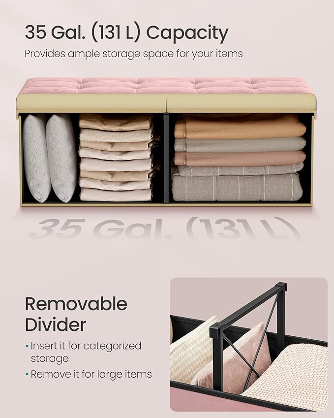 SONGMICS Mazie Collection - 43 Inches Storage Ottoman, Foldable Storage Bench with Flipping Lid, 660 lb Load Capacity, for Entryway, Living Room, Bedroom, Velvet Fabric, Jelly Pink ULSF078SA01