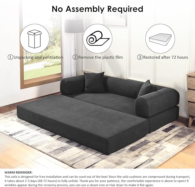 80" Convertible Sofa Bed, Corduroy Deep Seat Folding Pull Out Couch with Pillows, No Assembly Modern Boneless Couch Compression Sofa in Box, Floor Sofa with Storage Pocket for Living Room,Dark Grey