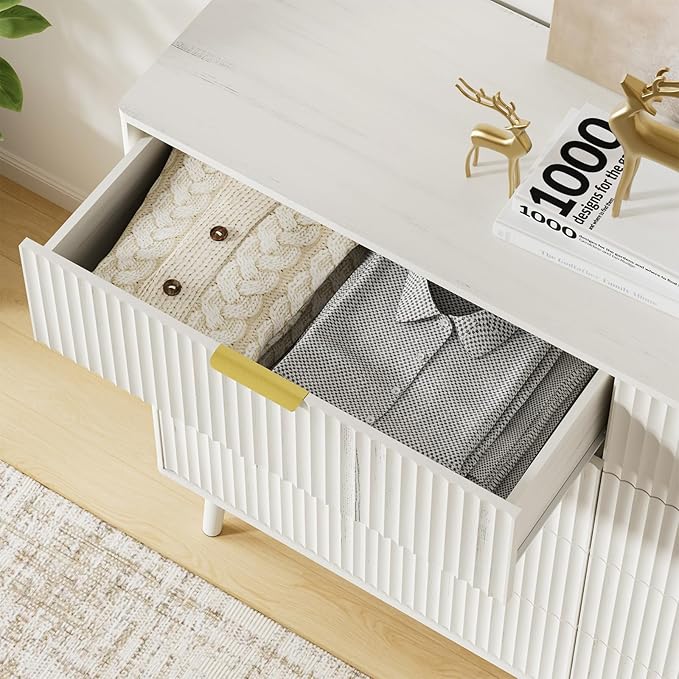 LYNSOM Fluted 8 Drawer Dresser for Bedroom, 55" Wide Modern Chest of Drawers with Curved Profile Design and Metal Handles, Wood Dresser TV Stand & Storage Organizer for Bedroom, Hallway, White