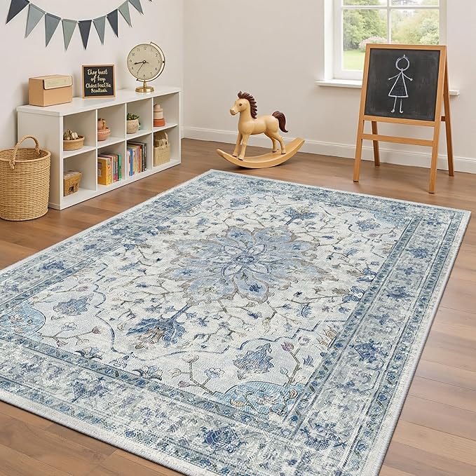 Area Rugs 4'x6' Washable Non-Slip, Floral Vintage Distress Print Pattern Medallion Carpet for Living Room Bedroom Dining Room, Light Blue Navy Beige Gray White
