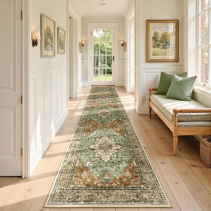 Area Rugs 2'6''x10' Washable Non-Slip, Floral Vintage Distress Print Pattern Medallion Carpet for Living Room Bedroom Dining Room, Brick Red Rust Neutral Brown Burnt Orange Green