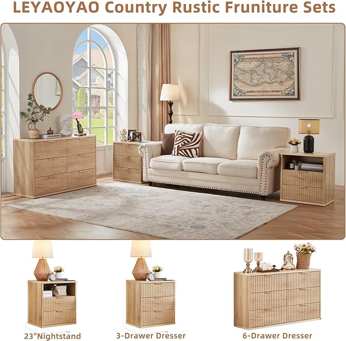LEYAOYAO Fluted Nightstand with Charging Station, 23" Wide 2 Drawers End Table, Natural Night Stand with Open Storage Cabinet, Farmhouse Bed Side Tables, Wood Dresser for Bedroom, Living Room, Closet