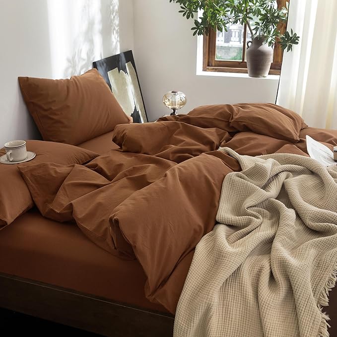 FOSSA Duvet Cover Set 100% Washed Cotton Linen Feel Super Soft Breathable Cozy 3 Pieces Bedding Sets Solid Dark Orange Super King