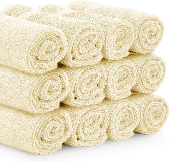 White Classic Luxury Cotton Washcloths 13x13 Inch - 650 GSM Turkish Cotton | Hotel, Spa, Bathroom Face Towel | 12 Pack, Beige