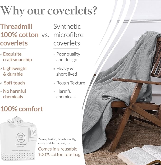 Threadmill Luxury Cotton Blankets for Twin Size Bed | All-Season 100% Cotton Twin Blanket for Bed | Aster Jacquard Lightweight, Soft & Cozy Coverlet, 350GSM, 68 x 90 inches | Scottish Grey