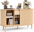 LINSY HOME Sideboard Buffet Cabinet with Storage, 55" Fluted Coffee Bar Cabinet with Tambour Sliding Doors and Drawer, Mid Century Modern Wood Storage Buffet Table for Kitchen, Living Room, Oak