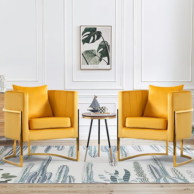 Velvet Modern Accent Chairs Set of 2, Upholstered Barrel Armchair Mid Century with Pillow for Living Room, Comfy Single Vanity Chair with Metal Gold Legs for Bedroom, Yellow