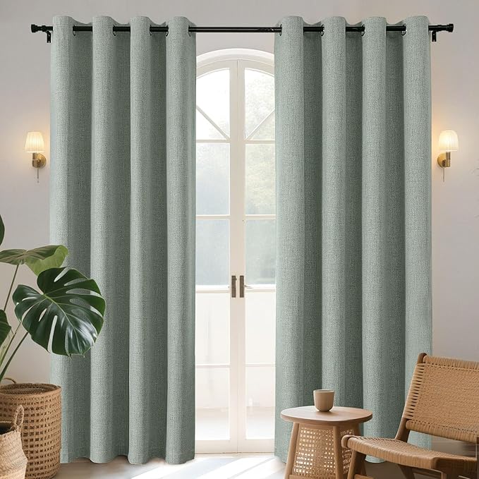 Joydeco Sage Green Blackout Curtains 90 Inches Long, Curtains 90 Inch Length 1 Panel for Bedroom, Thermal Insulated Linen Black Out Curtains with Grommets(100x90, Sage Green)