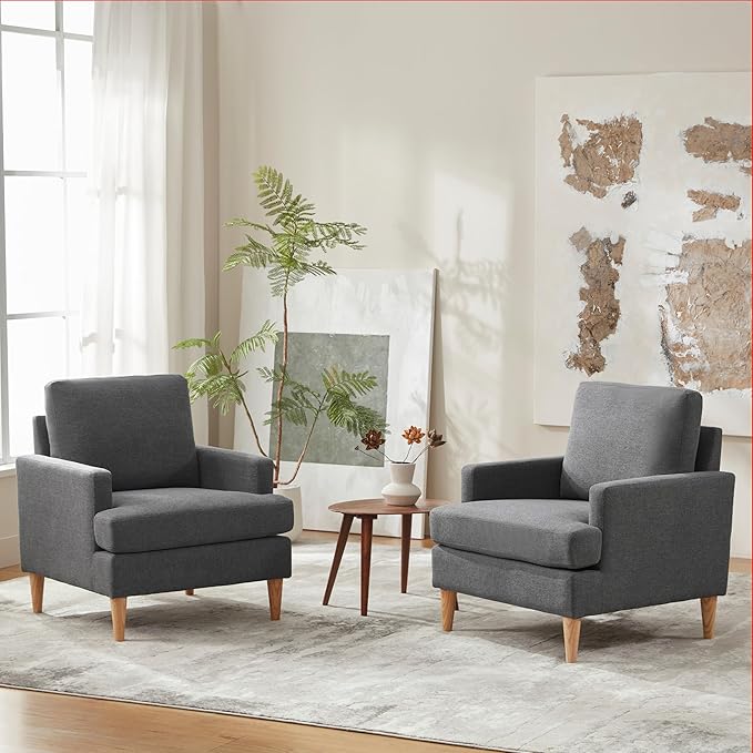 VKNOW Mid-Century Accent Chair, No Tools Assembly Required, Modern Upholstered Polyester Armchair for Living Room,Comfy Reading Accent Chairs with Wood Legs for Bedroom, Dark Grey