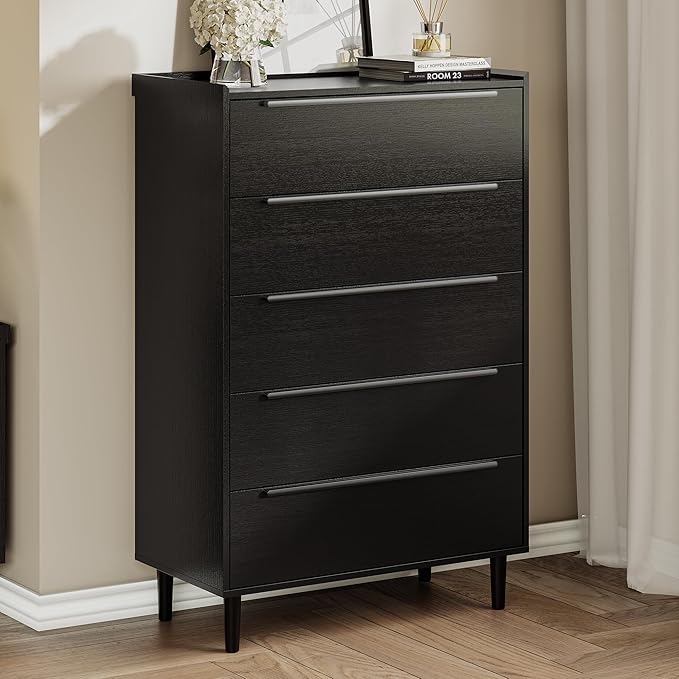 48" Tall Black Dresser for Bedroom, Modern 5 Drawer Chest of Drawers with Wood Grain Finish, Slim Vertical Storage Cabinet with Raised Edge Top, Anti-Tip Kit