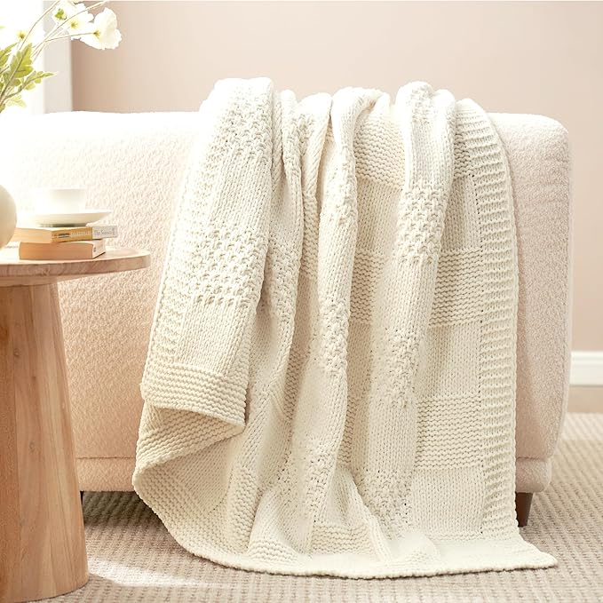 Amélie Home Checkered Chenille Knit Throw Blanket for Couch, Classic Texture Decorative Soft Blanket for Sofa, Chair & Bedroom, 60"x80", Ivory