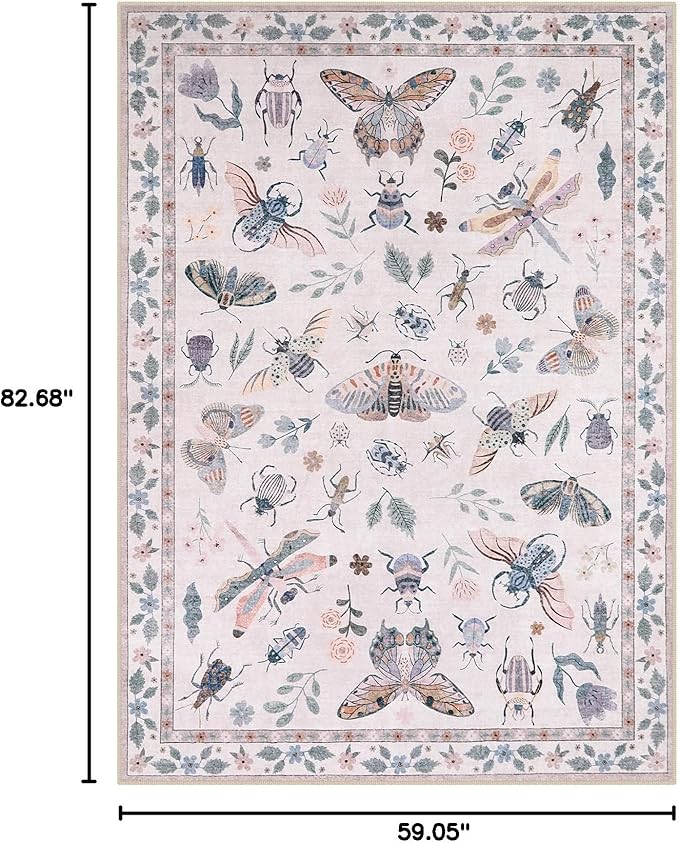 Lahome Insect Machine Washable Rugs 5x7, Non Slip Soft Pink Rugs for Bedroom Girls Living Room, Ultra-Thin Stain Resistant Accent Carpet for Dining Room Office Nursery(5'x7',Pink)