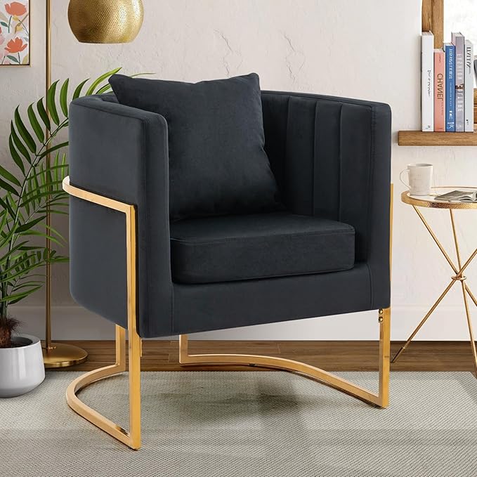 Velvet Modern Accent Chair, Upholstered Barrel Armchair Mid Century with Pillow for Living Room, Comfy Single Vanity Chair with Metal Gold Legs for Bedroom, Black