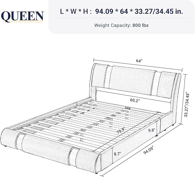 Allewie Queen Bed Frame with Iron Piece Decor, Faux Leather Upholstered Platform Bed with Adjustable Headboard & Strong Wooden Slats, No Box Spring Needed, Black and White