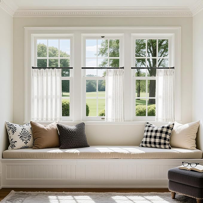 Beige White Linen Pleated Curtains 30 Inch Length Light Filtering Semi Sheer Mini Curtains Cafe Small Window Basement Bathroom Boho Farmhouse Pinch Pleat Short Semi Sheer Kitchen Drapes Camper RV