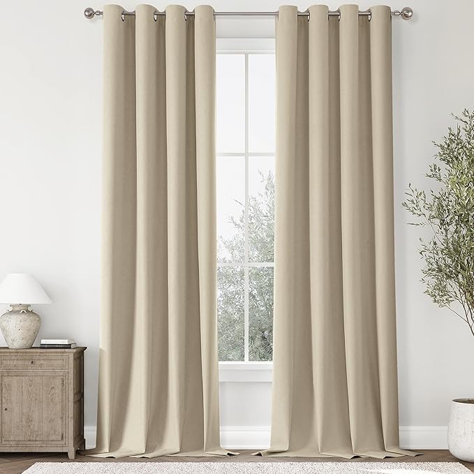 ChrisDowa 100% Blackout Natural Solid Solid Curtains 96 Inches Long 2 Panels for Bedroom Living Room,Farmhouse Room Darkening Thermal Insulated Soundproof Grommet Top Window Treatment Drapes,52x96
