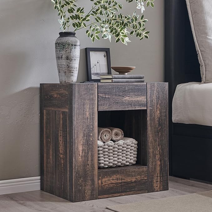 OKD 24'' Modern Nightstands Set of 2, Large Wooden End Table with Charging Station & Drawer & Storage Shelf, Rustic Square Bedside Table for Bedroom, Living Room, Wood Thick Design,Dark Rustic Oak