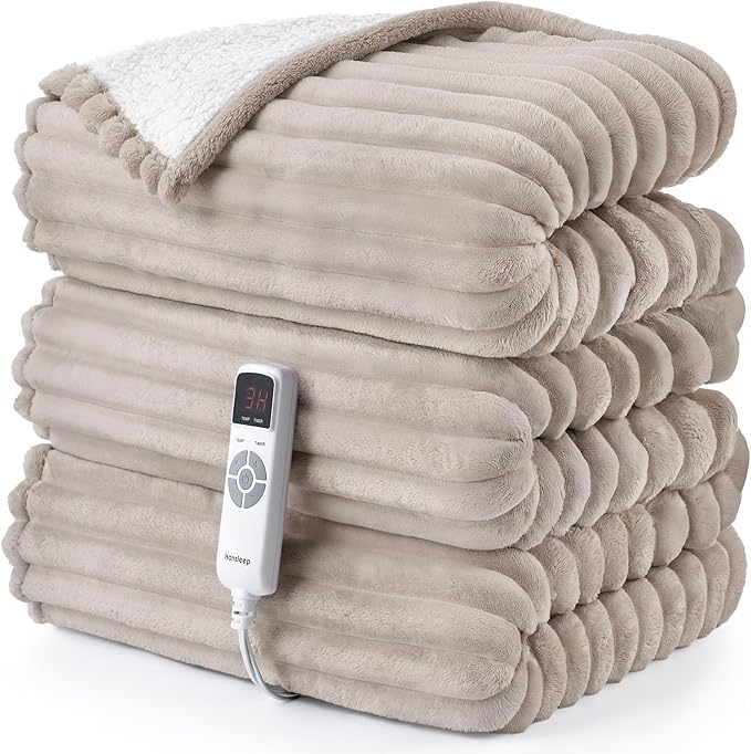 Hansleep Heated Blanket Electric Blanket Full Size, Heating Blanket with 9 Heating Levels and 10-Hour Timer Auto Shut Off, Washable Soft Warm Winter Blanket, 72 x 84 Inches, Linen