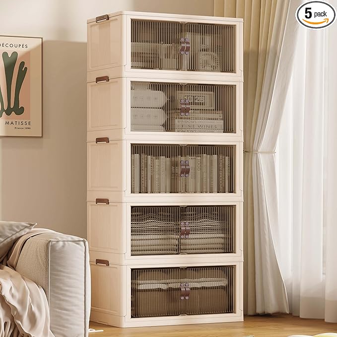 SAILUN 145Gal/580Qt Stackable Storage Bins Folding Collapsible Storage Bins with Lid, Closet Organizers and Storage Box with Door Beige 26" W x 17" D x 71" H