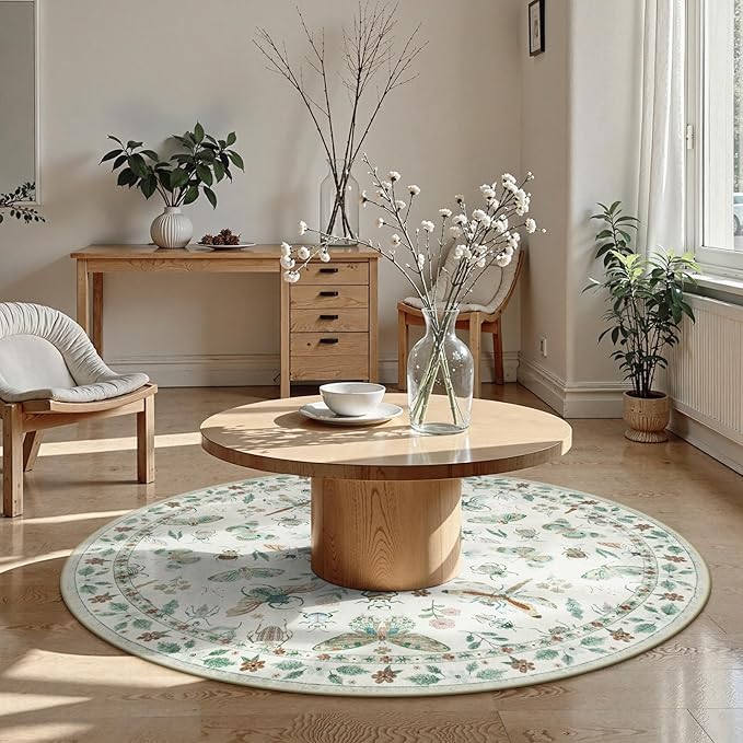 Lahome Insect Washable Round Rugs, Non-Slip Soft Round Rug 4ft Ultra-Thin, Small Boho Circle Carpet for Entryway Kitchen Bedroom Nursery Bathroom, Beige