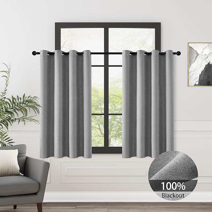 ChrisDowa 100% Blackout Grey Solid Curtains 54 Inches Long 2 Panels for Bedroom Living Room,Farmhouse Room Darkening Thermal Insulated Soundproof Grommet Top Window Treatment Drapes,52x54