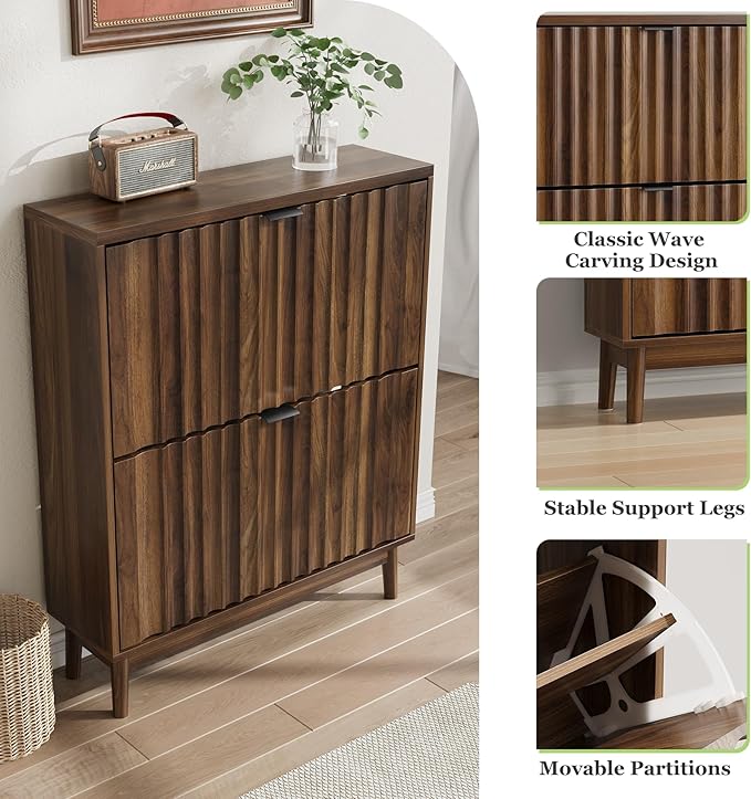 Shoe Storage Cabinet with 2 Flip Drawers, Walnut Fluted Narrow for Entryway, Slim Shoe Rack Cabinet Organizer 31.5in