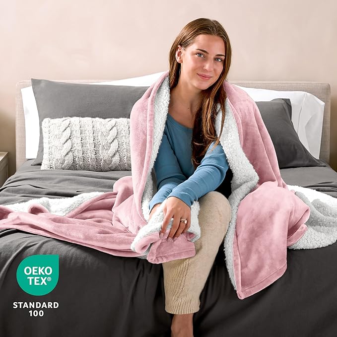 Bare Home Sherpa Fleece Blanket - Twin/Twin Extra Long - Blanket for Bed, Sofa, and Couch - Warm & Lightweight - Fluffy & Soft - Reversible (Twin/Twin XL, Light Pink)